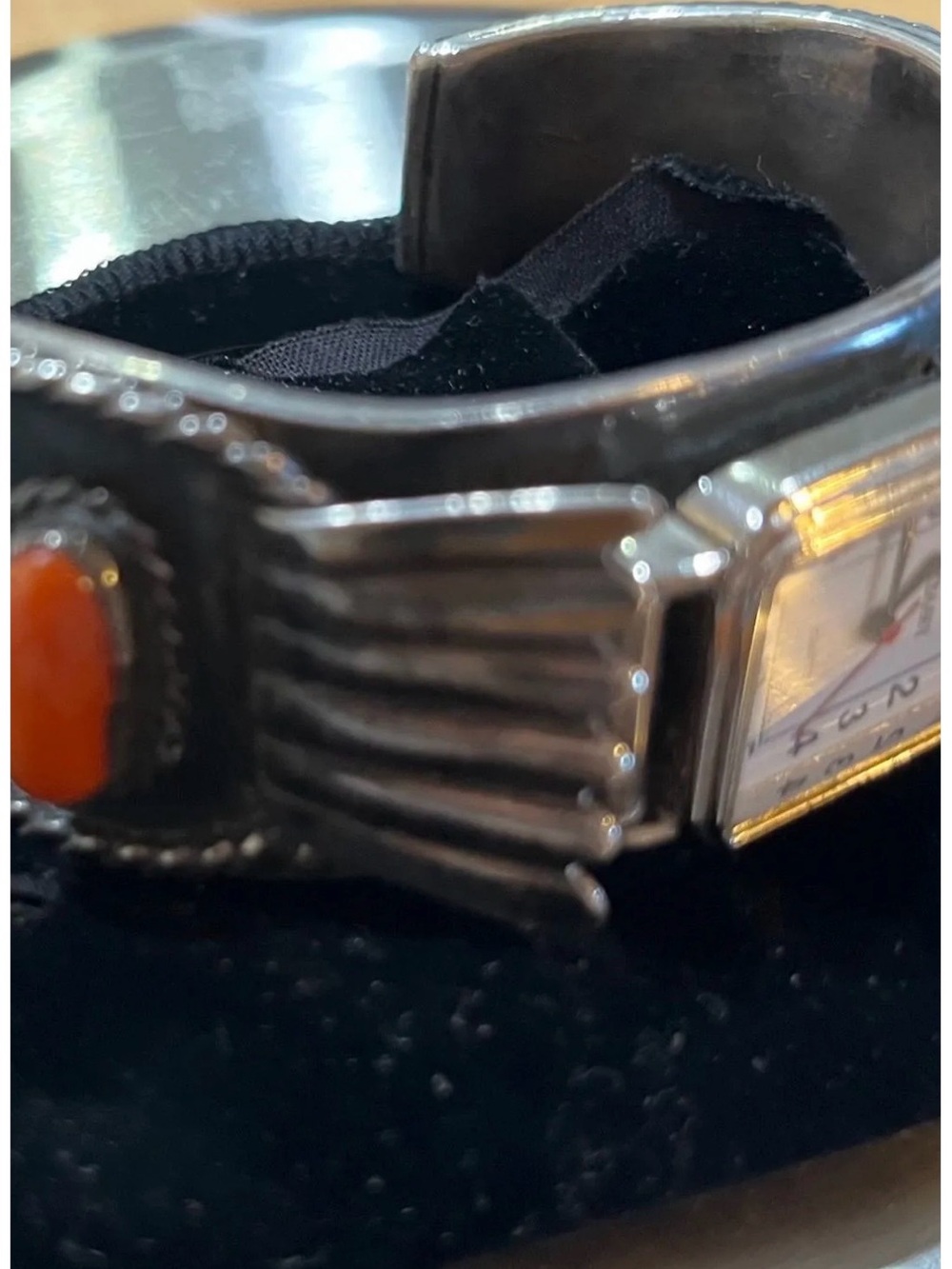 Sterling Silver Men's Cuff Watch Bracelet with Coral Stone